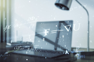 Double exposure of creative scientific formula concept on laptop background, research and development concept