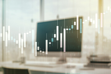 Multi exposure of abstract creative financial chart on computer background, research and analytics concept