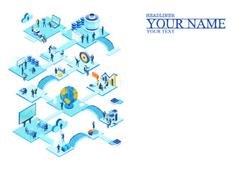 Fototapeta premium Isometric 3D business concept environment, Business people working in server room, technology, big data, computing, artificial intelligence, writing applications concept illustration