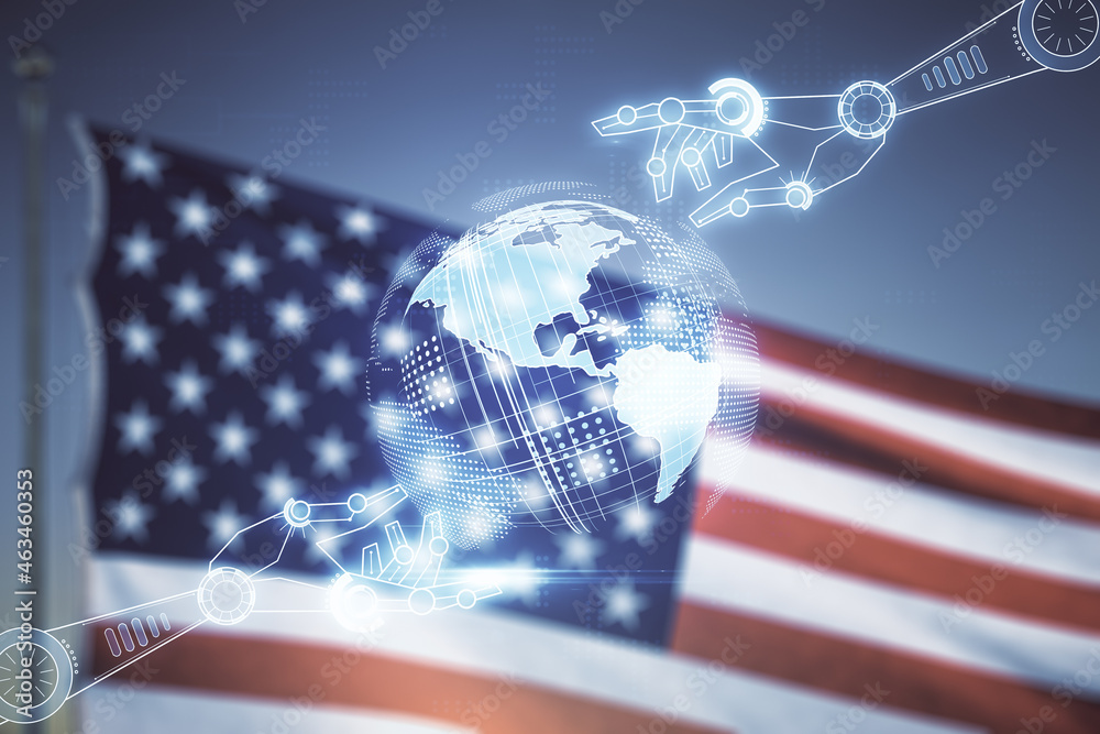 Aufkleber abstract virtual robotics technology hologram with globe sketch on usa flag and sunset sky backgroun
