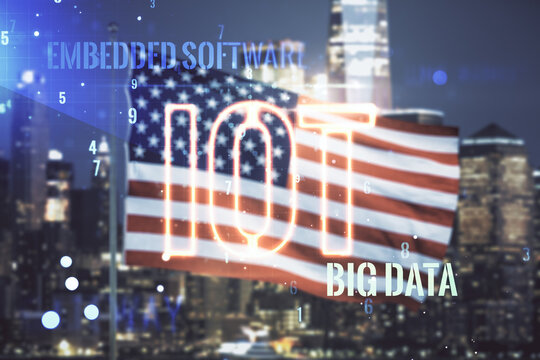 Double exposure of abstract virtual IOT hologram on USA flag and blurry cityscape background, research and development concept - Powered by Adobe