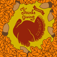 Happy Thanksgiving day poster template with turkey and autumn leaves. Vector illustration