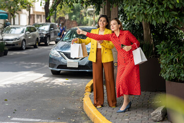 Two women use a mobile phone to request a taxi or app transport service, carrying their shopping...