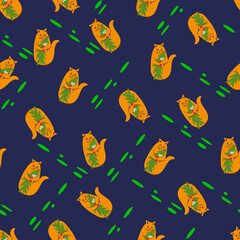 Seamless pattern cat with a tree and a gift.With green dots.Christmas background for textiles, banner, scrapbooking, notepad, children's clothing.Illustrator, vector.