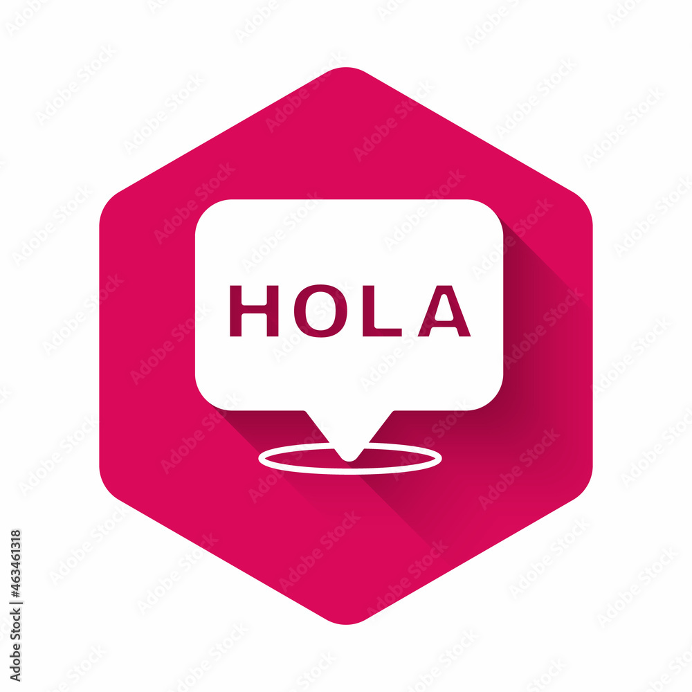 Poster white hola icon isolated with long shadow background. pink hexagon button. vector