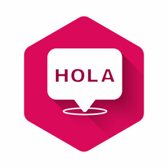 White Hola icon isolated with long shadow background. Pink hexagon button. Vector