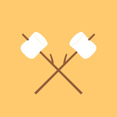 Marshmallows on the branches stock vector. Dessert. Isolated on a Yellow background. Marshmallow stick.