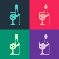 Pop art Champagne bottle with glass icon isolated on color background. Vector