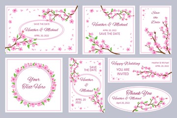 Wedding invitations and greeting cards with sakura blossom flowers. Japan cherry tree branches and pink petals frames and borders vector set