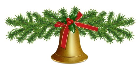 Christmas bells golden. Happy New Year border with garland Christmas tree branches and holly berries. Vector