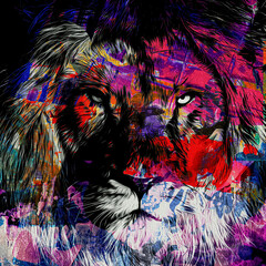 Bunte künstlerische Löwin Schnauze mit hellen Farbspritzern auf dunklem Hintergrund © reznik_val