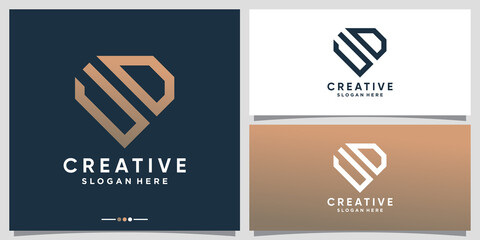 Creative monogram logo design initial letter UD with line art and diamond concept