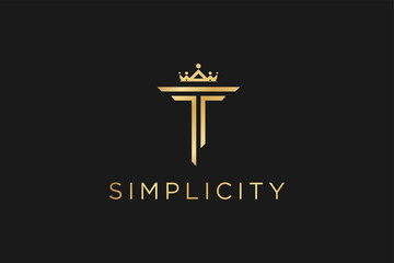 Monogram T letter golden thin line with crown hipster logo, luxury gold linear initial for retro wedding card, vintage cute decoration design element