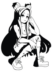 Cute anime girl with green hair, big breasts, in a T-shirt manga style vector graphic