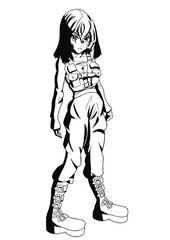 Cute anime girl with emerald hair in military uniform manga style vector graphic