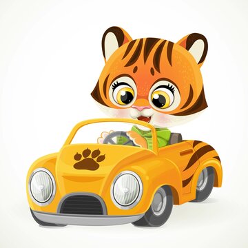 Cute cartoon baby tiger rides in a orange little toy car for children isolated on white background
