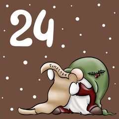 Day 24 - Cute advent calendar with Gnomes everyday activities. Christmas and New year countdown numbered poster. Illustration for poster, card, kid and nursery decor