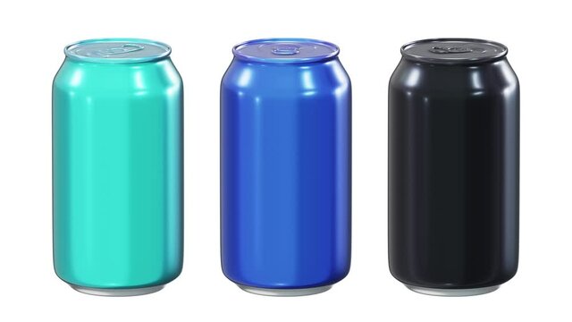 Realistic seamless looping 3D animation of the spinning anodized aluminum turquoise, blue and black blank alcohol or soft drink cans rendered in UHD with alpha matte