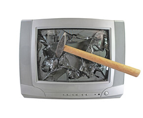 Smashed old kinescope television. hammer smashes old TV. Broken monitor