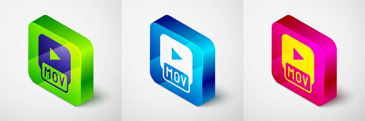 Isometric MOV file document. Download mov button icon isolated on grey background. MOV file symbol. Audio and video collection. Square button. Vector
