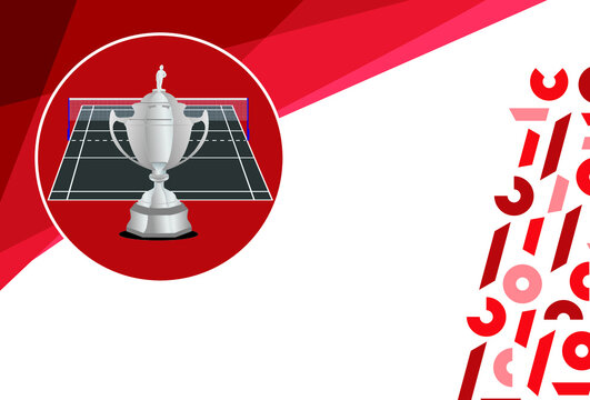 vector illustration of champion sports trophy on red and white background and badminton court shape background.