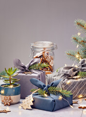Eco Friendly Christmas concept with Cloth wrapped Gifts
