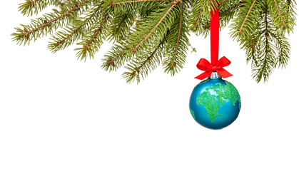Peace on Earth Globe christmas ball ornament isolated on white.