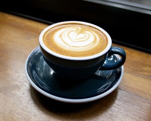 a cup of cappuccino on the wooden table by the window in a nice cafe
