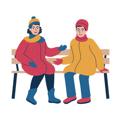 Friendly conversation between two people during the winter time. Isolated vector illustration.