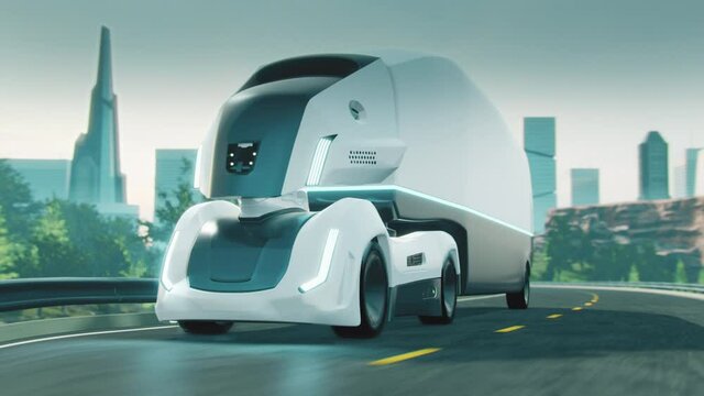 driverless autonomous futuristic electric truck driving on a highway. Realistic 4k animation.  Close shot.