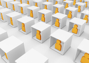 3D illustration of various collaborators or students teaming inside boxes as people icons
