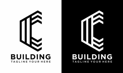 Letter C Initial logo concept with building template vector. on a black and white background. 
