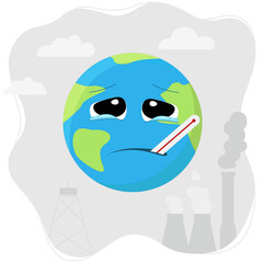 Global warming concept. Cartoon earth with thermometer