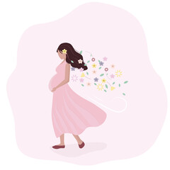 Happy pregnant women with flowers in her hair