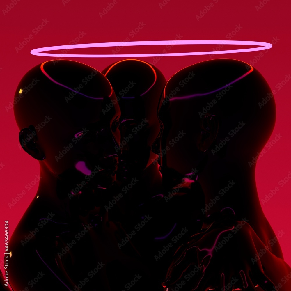 Aufkleber Mysterious artificial human with a neon ring. Concept of the artificial intelligence and android robot. 3D illustration.