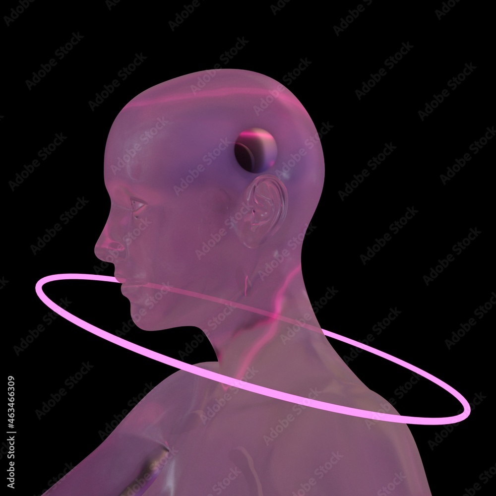 Aufkleber Mysterious artificial human with a neon ring. Concept of the artificial intelligence and android robot. 3D illustration.