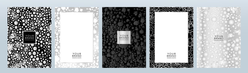 Modern cover design set. Luxury silver and black background with sparkling bubbles, water droplets pattern. Holiday vector template for drink menu, card, flyer, invite, brochure, catalog 