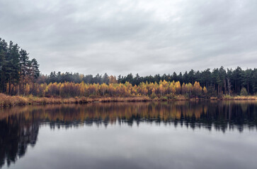 Fototapeta na wymiar Beautiful landscape view to the lake in the forest with bright orange and yellow trees reflected in a water at rainy autumn day