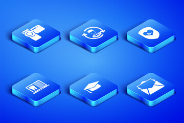 Set Mail and e-mail, Cinema camera, Graduation cap, Laptop with dental card, Human resources and Shield heart rate icon. Vector