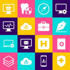 Fototapeta premium Set Medical shield with cross, book, Fountain pen nib, Wind rose, Cloud upload and Monitor cardiogram icon. Vector