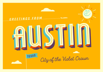 Greetings from Austin, Texas - City of the Violet Crown - Touristic Postcard - EPS 10. - obrazy, fototapety, plakaty
