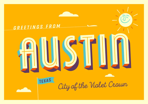 Greetings From Austin, Texas - City Of The Violet Crown - Touristic Postcard - EPS 10.