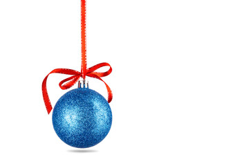 christmas blue shiny ball hanging on red ribbon with bow isolated on white background, New Year's design or mockup