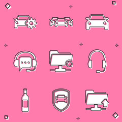 Set Car service, Cars, , Headphones with speech bubble, FTP sync refresh and microphone icon. Vector