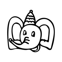 Elephant head with hat in cartoon style. Festive childrens illustration for postcards, posters. Vector illustration.