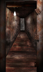 Boken door and dark corridor