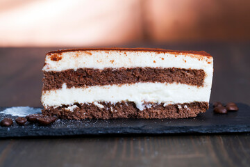 chocolate cake with cream layers, close up