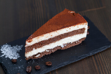 chocolate cake with cream layers, close up