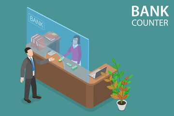 3D Isometric Flat Vector Conceptual Illustration of Bank Counter, Professional Banking Service