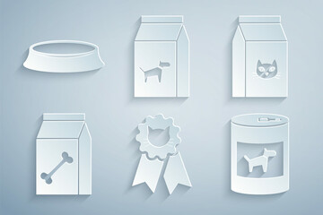 Set Cat award symbol, Bag of food for cat, pet, Canned dog, and Pet bowl icon. Vector